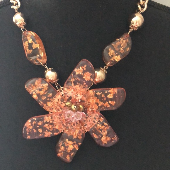 NWOT Flower statement necklace in orange & gold tone beading large center flower - Picture 2 of 3